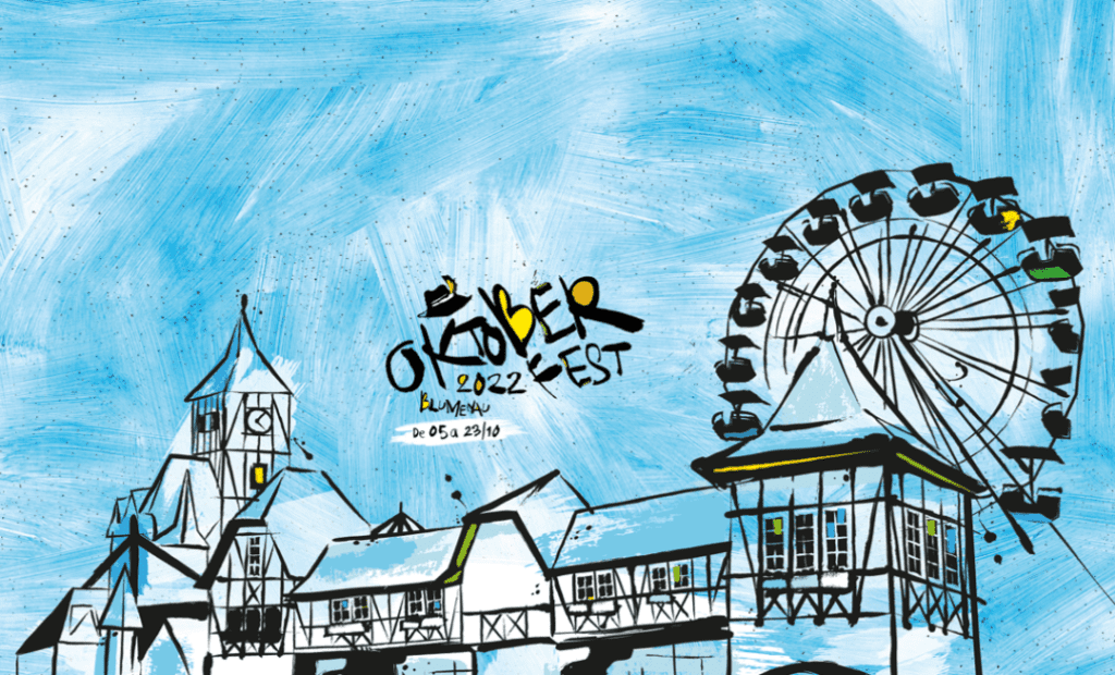 Imagem abstrata ilustrando um céu azul com casas desenhadas a lápis com formas características de construções alemãs. No centro da imagem aparece escrito Oktoberfest 2022