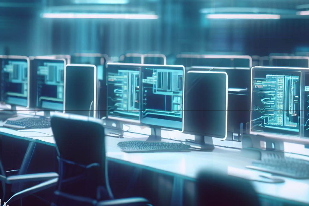 Ambiente de escritório com mesas agrupadas e vários monitores ligados mostrando dados aleatórios. O ambiente tem tons de azul no estilo xênon