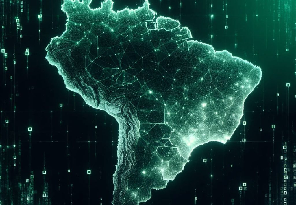 Mapa iluminado do Brasil, como uma das maiores potências do mercado de TI