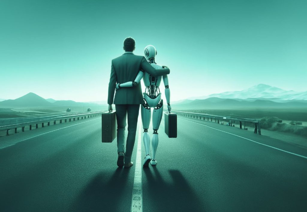 Homem e robô andando lado a lado, representando a inteligência artificial e os trabalhadores