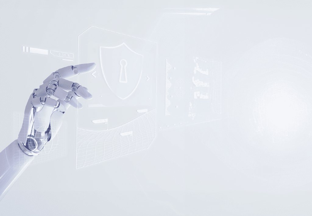 Mão de robô, representando a cybersecurity, em um fundo branco.